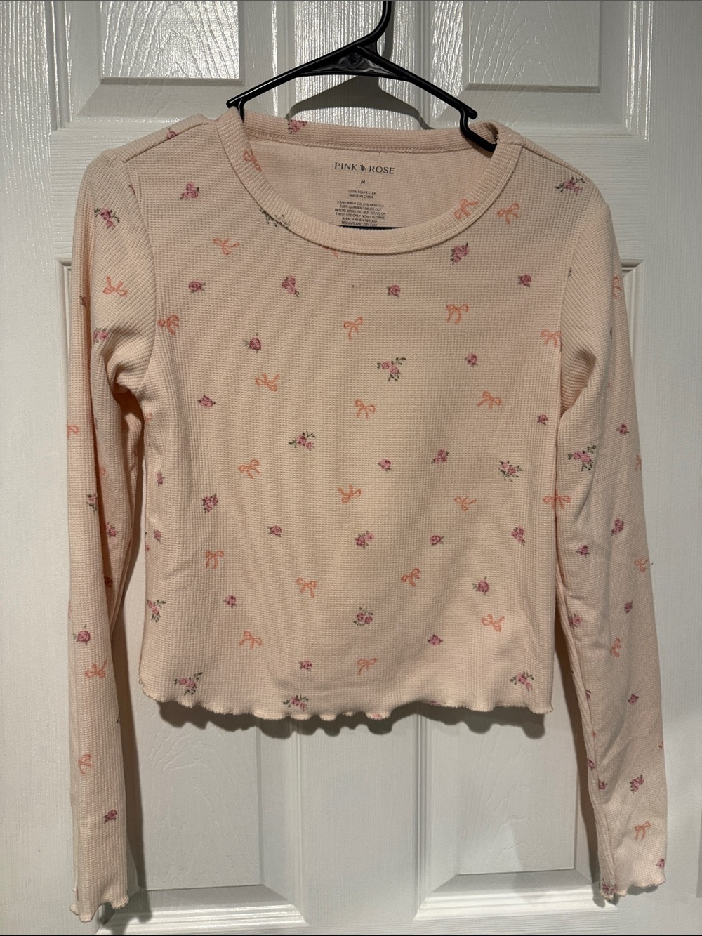 Pink Rose Cream Long-Sleeve Thermal Top with Pink Floral & Bow Print